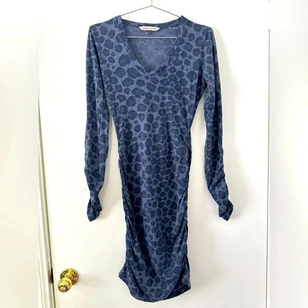 Rebecca Taylor Blue Animal Print Ruched Long Sleeve Knit Dress
